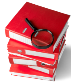 Red binders and a magnifying glass illustrate the concept of statistical analysis