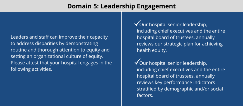 Domain 5, leadership engagement in health equity strategy