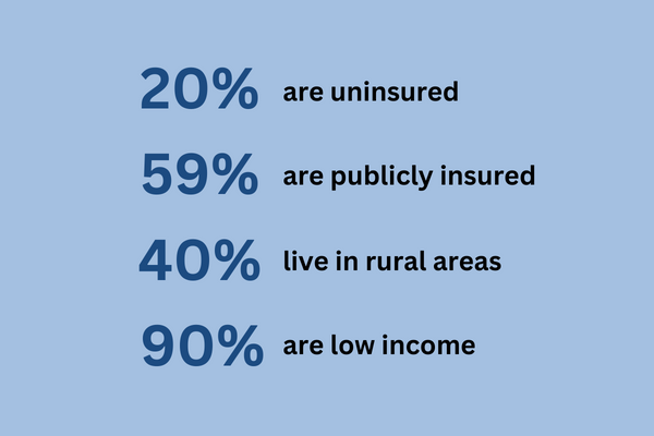 A graphic shows 4 statistics regarding look-alike health center patients (poverty, rurality, uninsured status, publicly insured status)
